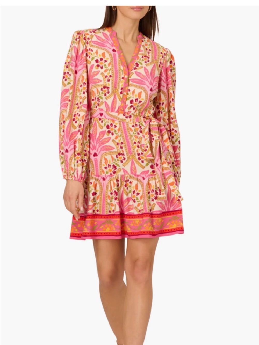 Adrianna Papell Pink & Gold Printed Long-Sleeve Mini Dress